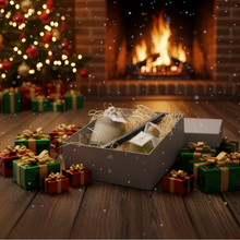 Christmas scene with presents, a fireplace, and a decorated tree.