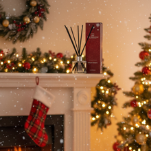 Christmas-themed room with diffuser, stockings, and decorated tree.